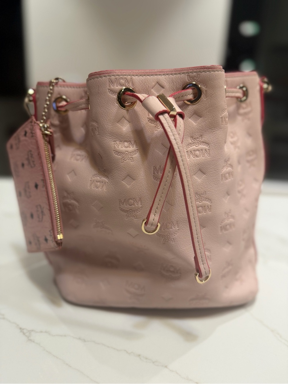 MCM Light Pink Embossed Drawstring Shoulder Bucket Bag - Picture 3 of 11